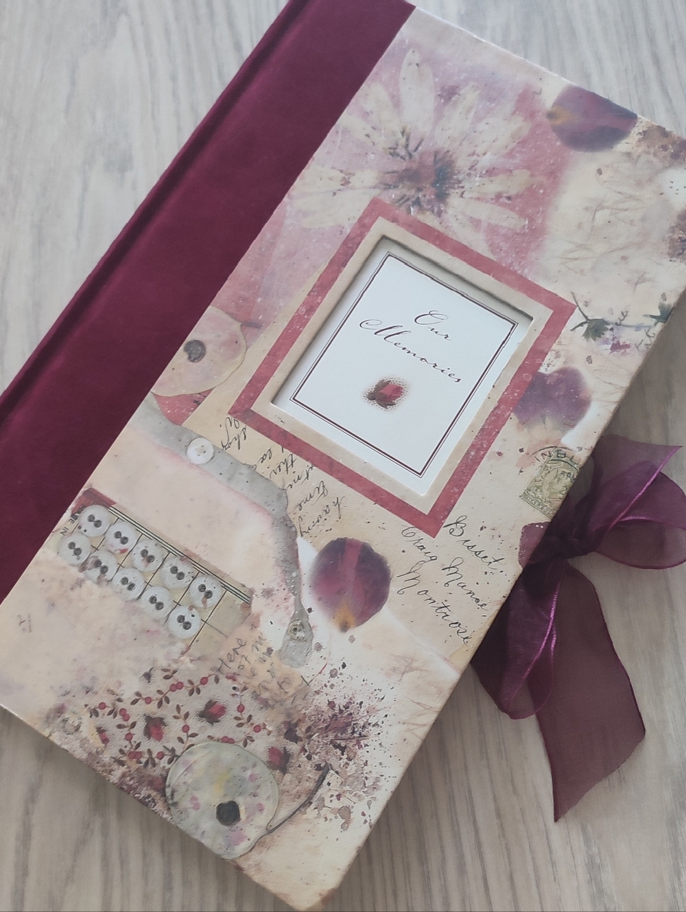Vintage New Seasons Burgundy Floral Velvet Photo Album With Ribbon Tie Closure